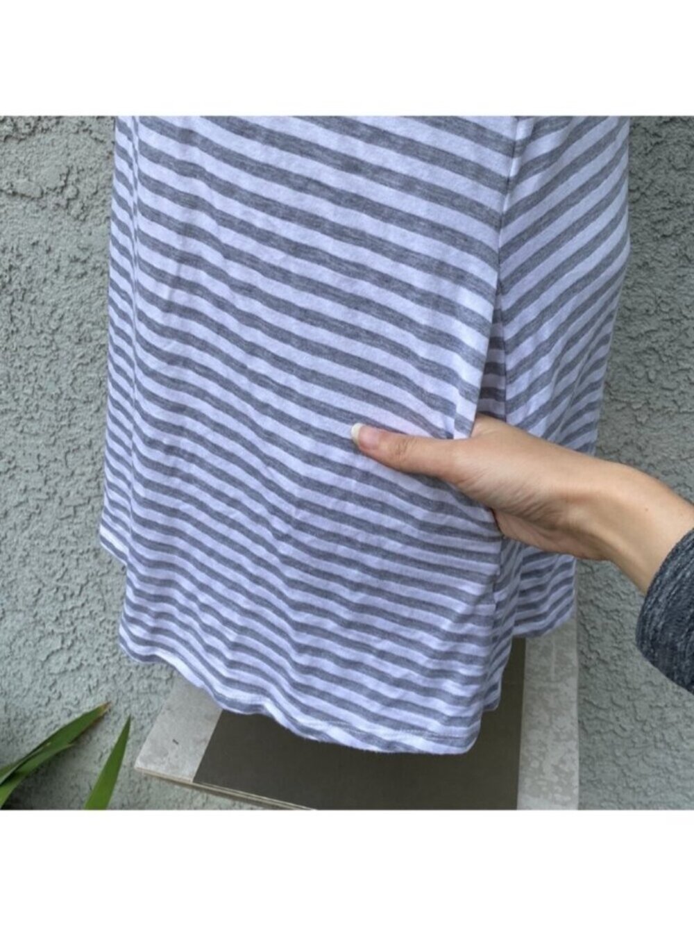 White and Gray Striped T-Shirt Swim Suit Coverup or Casual Dress with Pockets - Picture 3 of 6